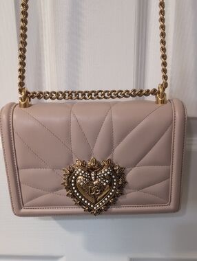 Dolce & Gabbana Blush Quilted Leather Shoulder Bag with Gold Heart Medallion